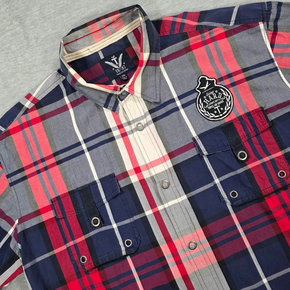 Triple Fat Goose Mens 2XL Plaid Short Sleeve Snap Button Shirt Back Graphic Red